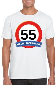Bellatio Decorations 55 jaar and still looking good - t-shirt verkeersbord print - wit - heren - verjaardag