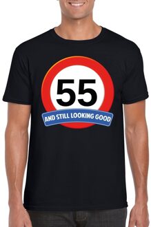 Bellatio Decorations 55 jaar and still looking good - t-shirt verkeersbord print - zwart - heren - verjaardag