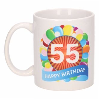 Bellatio Decorations 55 jaar Verjaardag koffiemok - cadeau beker - feestelijke ballonnen print - 300 ml - keramiek - wit