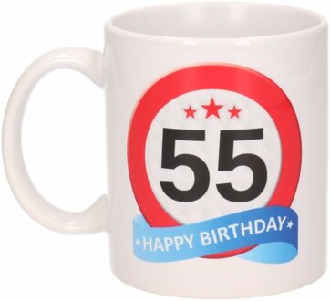 Bellatio Decorations 55 jaar Verjaardag koffiemok - cadeau beker - stopbord print - 300 ml - keramiek - wit