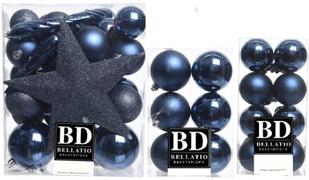 Bellatio Decorations 55x stuks kunststof kerstballen met ster piek donkerblauw mix - Kerstbal