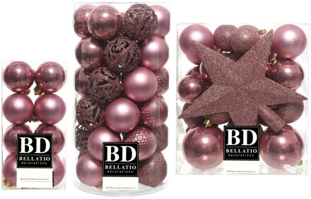 Bellatio Decorations 55x stuks kunststof kerstballen met ster piek oudroze (velvet pink) mix - Kerstbal