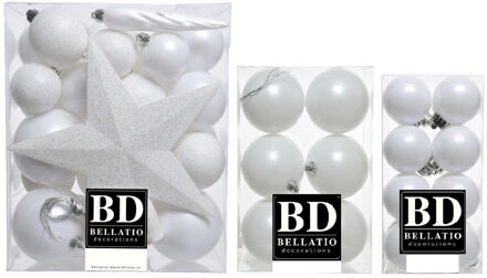 Bellatio Decorations 55x stuks kunststof kerstballen met ster piek wit mix - Kerstbal