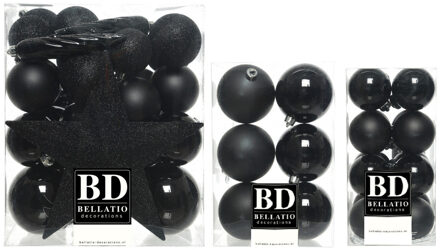 Bellatio Decorations 55x stuks kunststof kerstballen met ster piek zwart mix