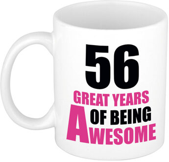 Bellatio Decorations 56 great years of being awesome cadeau mok / beker wit en roze - verjaardagscadeau 56 jaar - feest mokken