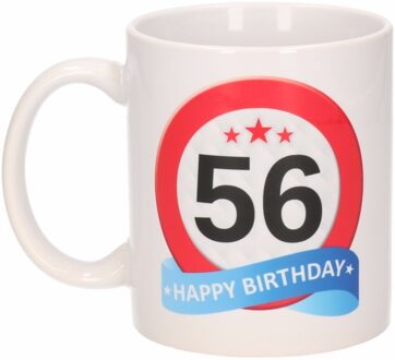 Bellatio Decorations 56 jaar Verjaardag koffiemok - cadeau beker - stopbord print - 300 ml - keramiek - wit