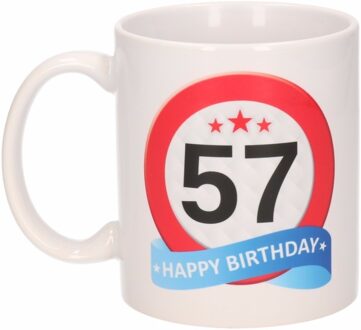 Bellatio Decorations 57 jaar Verjaardag koffiemok - cadeau beker - stopbord print - 300 ml - keramiek - wit