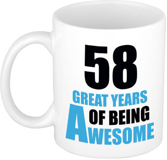 Bellatio Decorations 58 great years of being awesome cadeau mok / beker wit en blauw - verjaardagscadeau 58 jaar - feest mokken