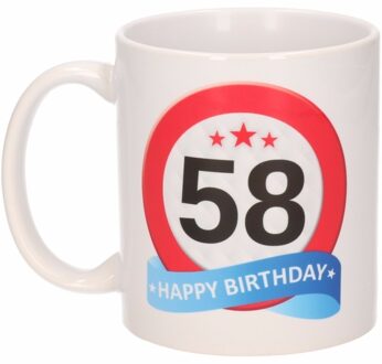Bellatio Decorations 58 jaar Verjaardag koffiemok - cadeau beker - stopbord print - 300 ml - keramiek - wit