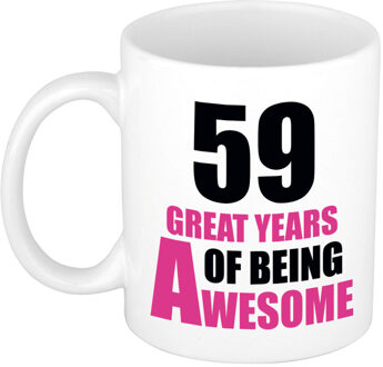 Bellatio Decorations 59 great years of being awesome cadeau mok / beker wit en roze - verjaardagscadeau 59 jaar - feest mokken