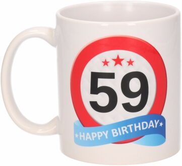 Bellatio Decorations 59 jaar Verjaardag koffiemok - cadeau beker - stopbord print - 300 ml - keramiek - wit
