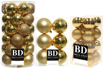 Bellatio Decorations 59x stuks kunststof kerstballen goud 4, 6 en 8 cm glans/mat/glitter mix - Kerstbal Goudkleurig