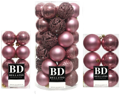 Bellatio Decorations 59x stuks kunststof kerstballen oudroze (velvet pink) 4, 6 en 8 cm glans/mat/glitter mix - Kerstbal