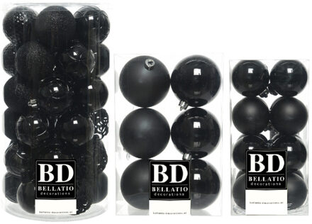 Bellatio Decorations 59x stuks kunststof kerstballen zwart 4, 6 en 8 cm glans/mat/glitter mix