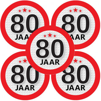 Bellatio Decorations 5x 80 Jaar leeftijd stickers rond 9 cm - 80 jaar verjaardag/jubileum versiering