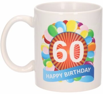 Bellatio Decorations 60 jaar Verjaardag koffiemok - cadeau beker - feestelijke ballonnen print - 300 ml - keramiek - wit Blauw