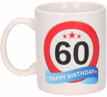 Bellatio Decorations 60 jaar Verjaardag koffiemok - cadeau beker - stopbord print - 300 ml - keramiek - wit Rood
