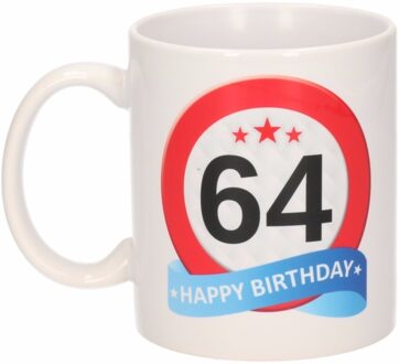 Bellatio Decorations 64 jaar Verjaardag koffiemok - cadeau beker - stopbord print - 300 ml - keramiek - wit