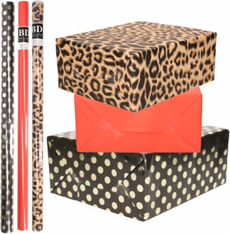 Bellatio Decorations 6x Rollen kraft inpakpapier/folie pakket - panterprint/rood/zwart met gouden stippen 200x70 cm