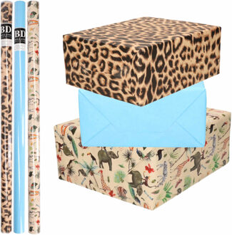 Bellatio Decorations 6x Rollen kraft inpakpapier jungle/panter pakket - dieren/luipaard/blauw 200 x 70 cm