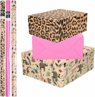 Bellatio Decorations 6x Rollen kraft inpakpapier jungle/panter pakket - dieren/luipaard/roze 200 x 70 cm - Cadeaupapier