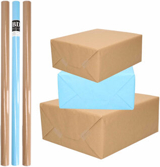 Bellatio Decorations 6x Rollen kraft inpakpapier/kaftpapier pakket bruin/lichtblauw 200 x 70 cm