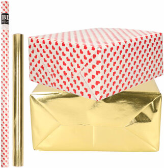 Bellatio Decorations 6x Rollen kraft inpakpapier liefde/rode hartjes pakket - metallic goud 200 x 70/50 cm