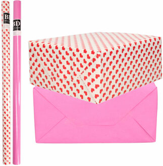 Bellatio Decorations 6x Rollen kraft inpakpapier liefde/rode hartjes pakket - roze 200 x 70 cm