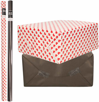 Bellatio Decorations 6x Rollen kraft inpakpapier liefde/rode hartjes pakket - zwart 200 x 70 cm