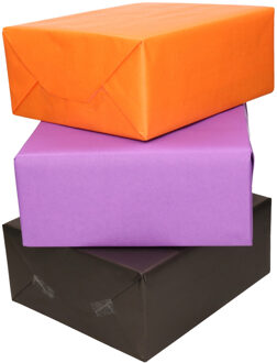 Bellatio Decorations 6x Rollen kraft inpakpapier oranje/zwart/paars 200 x 70 cm