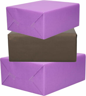Bellatio Decorations 6x Rollen kraft inpakpapier paars en zwart 200 x 70 cm