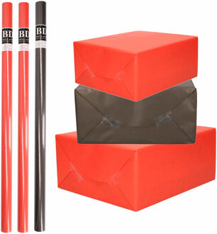 Bellatio Decorations 6x Rollen kraft inpakpapier pakket zwart/rood Halloween/Kerst 20 x 70 cm