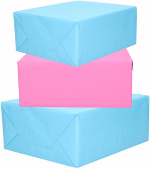 Bellatio Decorations 6x Rollen kraft inpakpapier roze en lichtblauw 200 x 70 cm