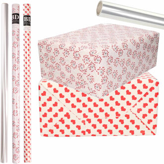 Bellatio Decorations 6x Rollen kraft inpakpapier transparante folie/hartjes pakket - harten design 200 x 70 cm