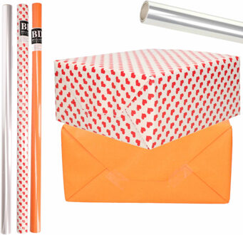 Bellatio Decorations 6x Rollen kraft inpakpapier transparante folie/hartjes pakket - oranje/harten design 200 x 70 cm - Cadeaupapier