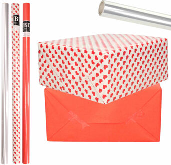 Bellatio Decorations 6x Rollen kraft inpakpapier transparante folie/hartjes pakket - rood/harten design 200 x 70 cm - Cadeaupapier