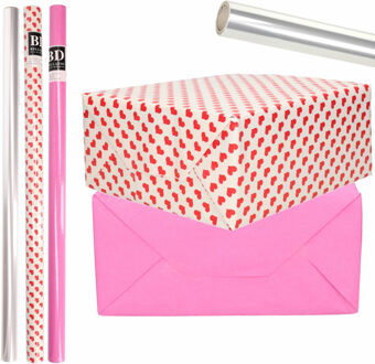 Bellatio Decorations 6x Rollen kraft inpakpapier transparante folie/hartjes pakket - roze/harten design 200 x 70 cm - Cadeaupapier
