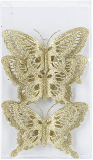 Bellatio Decorations 6x stuks decoratie vlinders op clip glitter goud 14 cm - Kersthangers Goudkleurig