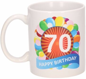 Bellatio Decorations 70 jaar Verjaardag koffiemok - cadeau beker - feestelijke ballonnen print - 300 ml - keramiek - wit Multi