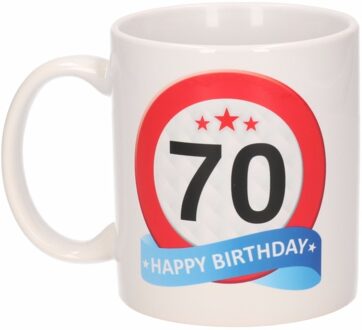 Bellatio Decorations 70 jaar Verjaardag koffiemok - cadeau beker - stopbord print - 300 ml - keramiek - wit