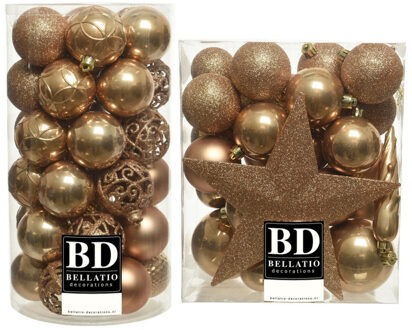 Bellatio Decorations 70x stuks kunststof kerstballen met ster piek camel bruin 5-6-8 cm mix