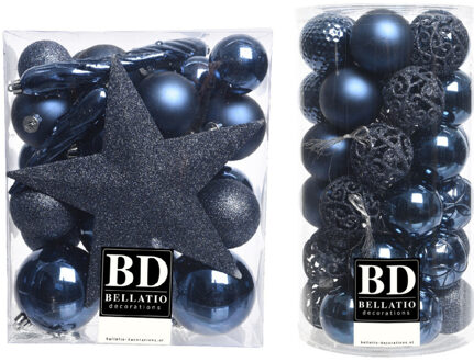 Bellatio Decorations 70x stuks kunststof kerstballen met ster piek donkerblauw 5, 6 en 8 cm