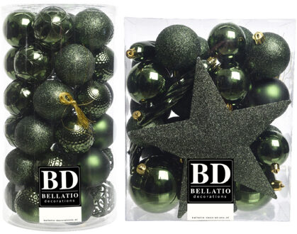 Bellatio Decorations 70x stuks kunststof kerstballen met ster piek donkergroen mix - Kerstbal