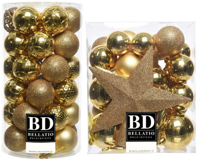 Bellatio Decorations 70x stuks kunststof kerstballen met ster piek goud mix 5, 6 en 8 cm