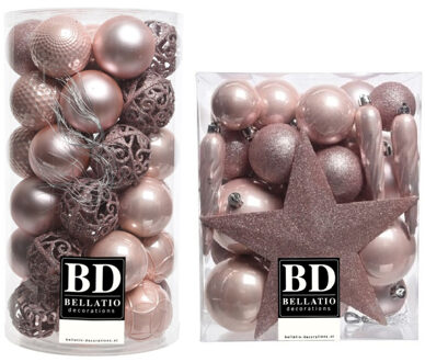 Bellatio Decorations 70x stuks kunststof kerstballen met ster piek lichtroze (blush pink) mix