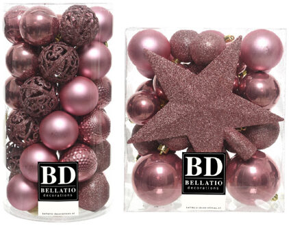 Bellatio Decorations 70x stuks kunststof kerstballen met ster piek oudroze (velvet pink) mix