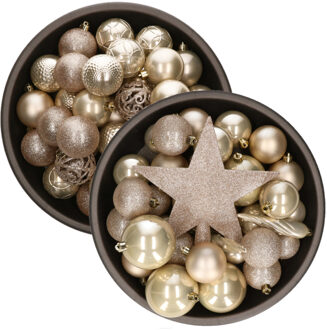 Bellatio Decorations 70x stuks kunststof kerstballen met ster piek parel/champagne mix 5, 6 en 8 cm - Kerstbal Champagnekleurig