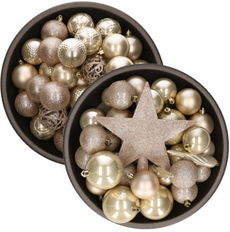 Bellatio Decorations 70x stuks kunststof kerstballen met ster piek parel/champagne mix 5, 6 en 8 cm