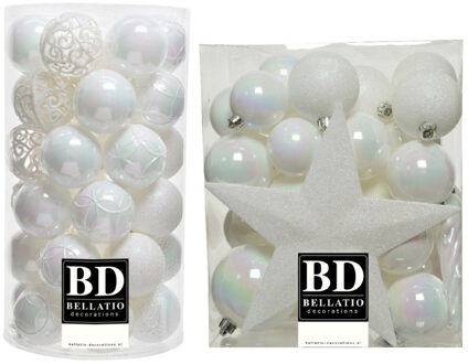 Bellatio Decorations 70x stuks kunststof kerstballen met ster piek parelmoer wit mix