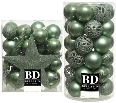 Bellatio Decorations 70x stuks kunststof kerstballen met ster piek salie groen mix - Kerstbal